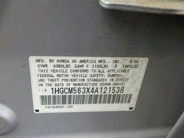 1HGCM563X4A121538 - 2004 HONDA ACCORD LX SILVER photo 10