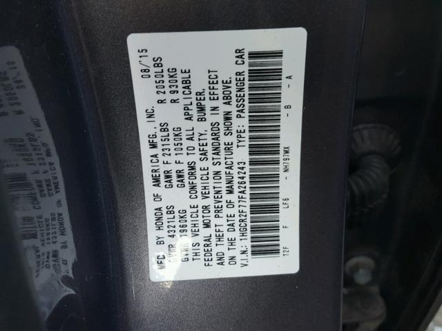 1HGCR2F77FA264243 - 2015 HONDA ACCORD EX CHARCOAL photo 10