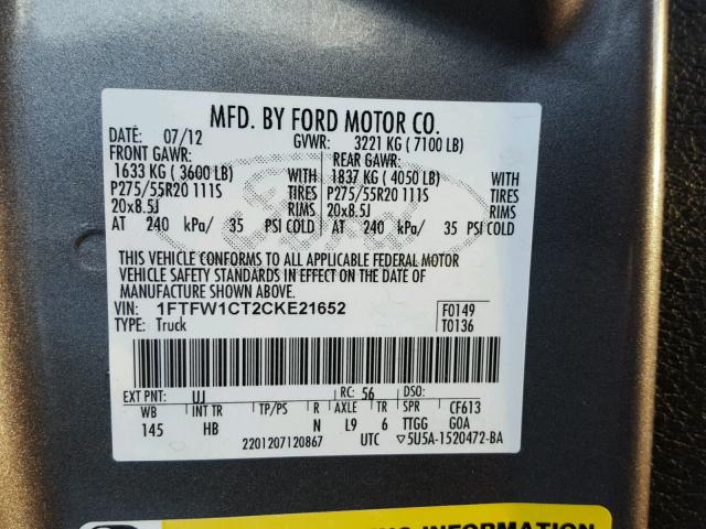 1FTFW1CT2CKE21652 - 2012 FORD F150 SUPER GRAY photo 10