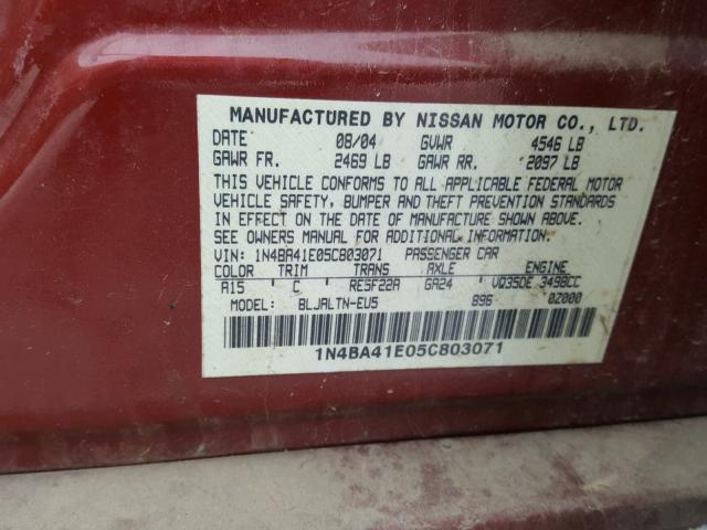 1N4BA41E05C803071 - 2005 NISSAN MAXIMA SE RED photo 10