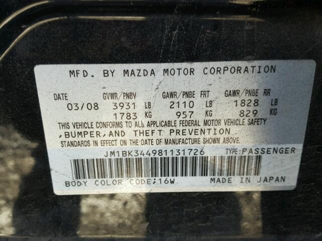 JM1BK344981131726 - 2008 MAZDA 3 HATCHBAC BLACK photo 10