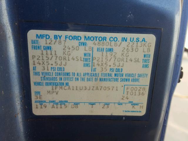 1FMCA11U3JZA70571 - 1988 FORD AEROSTAR BLUE photo 10