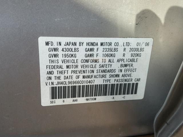 JH4CL96966C010407 - 2006 ACURA TSX SILVER photo 10