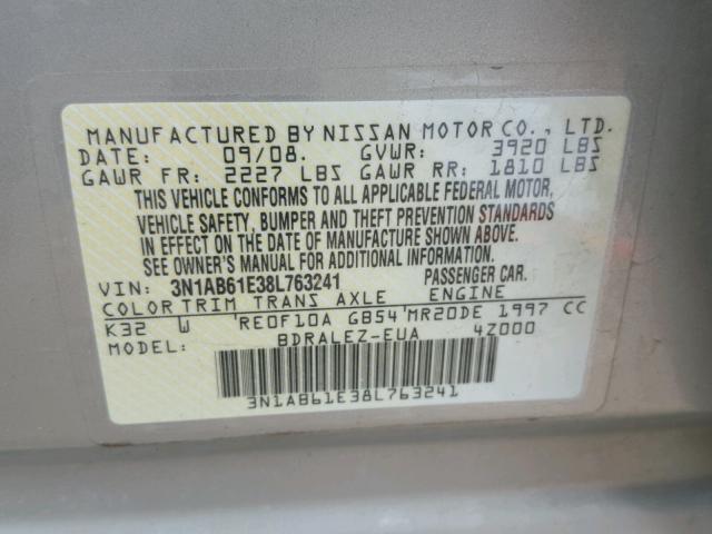 3N1AB61E38L763241 - 2008 NISSAN SENTRA 2.0 BEIGE photo 10