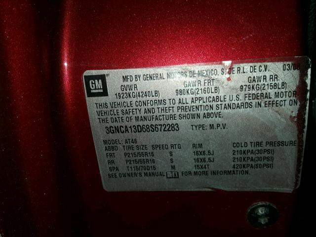 3GNCA13D68S672283 - 2008 CHEVROLET HHR LS MAROON photo 10