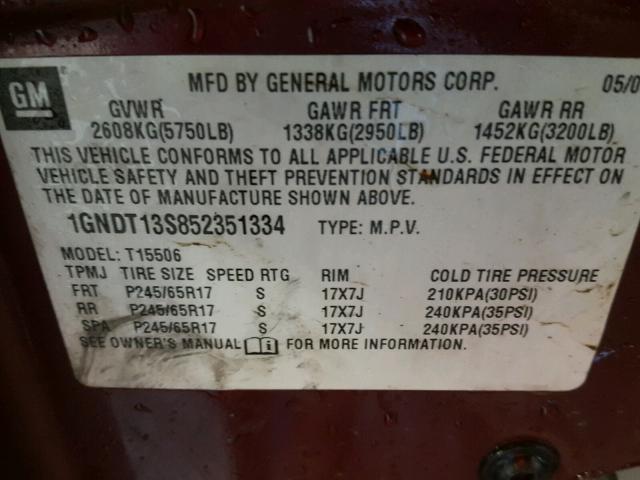 1GNDT13S852351334 - 2005 CHEVROLET TRAILBLAZE MAROON photo 10