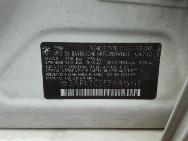 WBAPK7C53BA816414 - 2011 BMW 328 XI WHITE photo 10