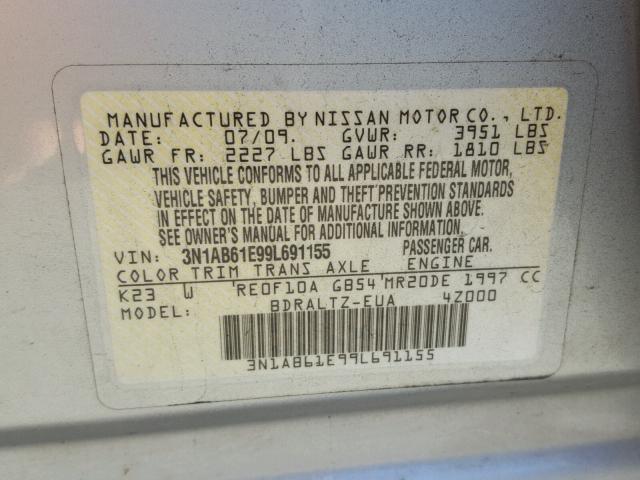 3N1AB61E99L691155 - 2009 NISSAN SENTRA 2.0 SILVER photo 10