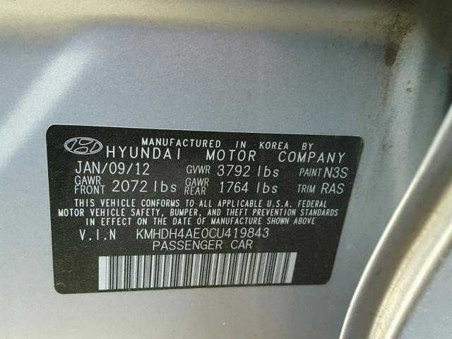 KMHDH4AE0CU419843 - 2012 HYUNDAI ELANTRA GL SILVER photo 10