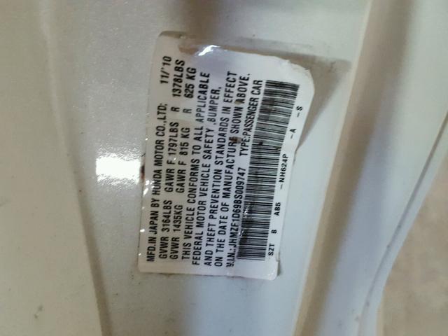 JHMZF1D69BS009747 - 2011 HONDA CR-Z EX WHITE photo 10