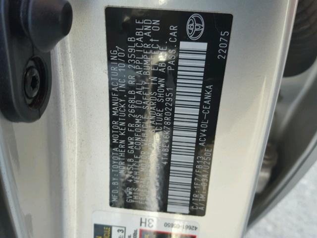 4T4BE46K78R022951 - 2008 TOYOTA CAMRY CE SILVER photo 10