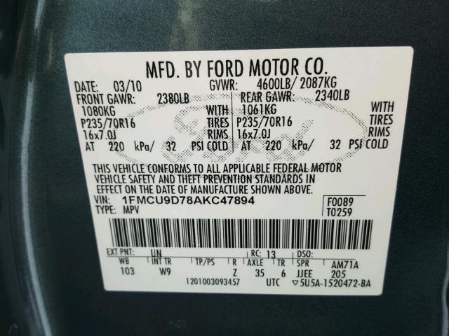 1FMCU9D78AKC47894 - 2010 FORD ESCAPE XLT BLUE photo 10