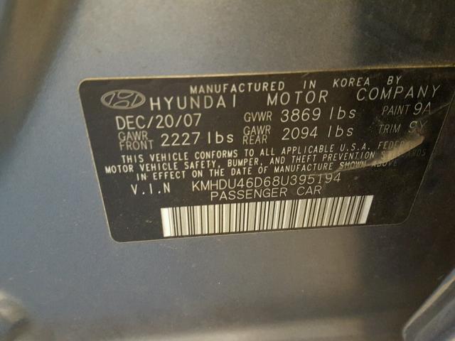 KMHDU46D68U395194 - 2008 HYUNDAI ELANTRA GL GRAY photo 10