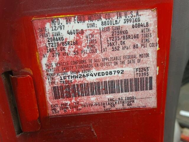 1FTHW26F4VED08792 - 1997 FORD F250 RED photo 10