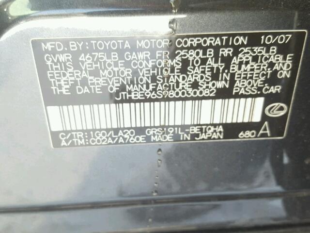 JTHBE96S980030082 - 2008 LEXUS GS 350 BLACK photo 10