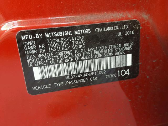 ML32F4FJ4HHF11082 - 2017 MITSUBISHI MIRAGE G4 RED photo 10