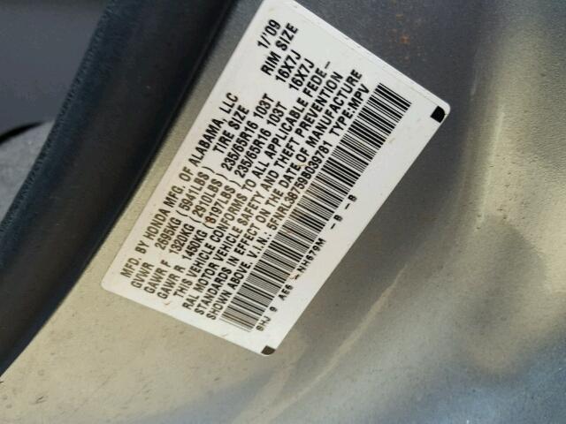 5FNRL38759B039781 - 2009 HONDA ODYSSEY EX GRAY photo 10