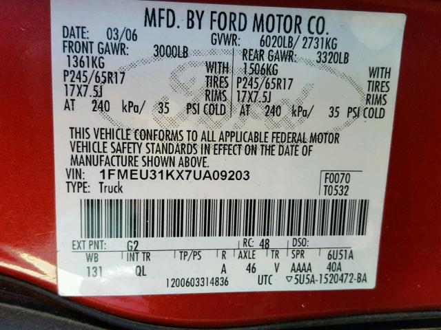 1FMEU31KX7UA09203 - 2007 FORD EXPLORER S 红色 照片 10