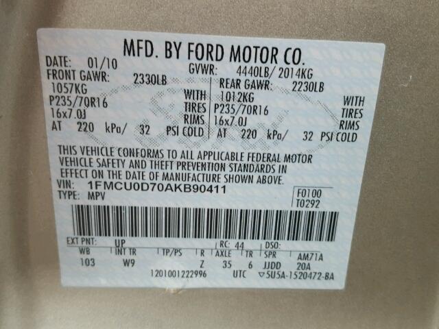 1FMCU0D70AKB90411 - 2010 FORD ESCAPE XLT BEIGE photo 10