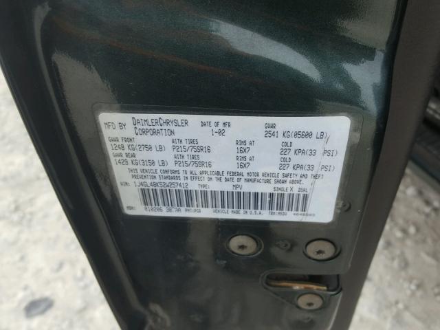 1J4GL48K52W257412 - 2002 JEEP LIBERTY SP GREEN photo 10