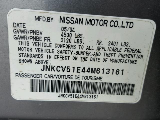 JNKCV51E44M613161 - 2004 INFINITI G35 SILVER photo 10