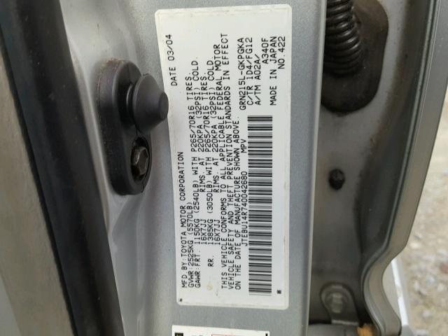 JTEBU14R740042680 - 2004 TOYOTA 4RUNNER SR SILVER photo 10