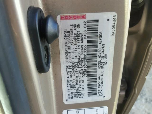 JTDBF30K520013355 - 2002 TOYOTA CAMRY LE GOLD photo 10