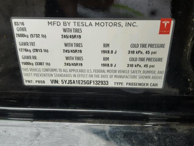 5YJSA1E25GF132933 - 2016 TESLA MODEL S BLACK photo 10