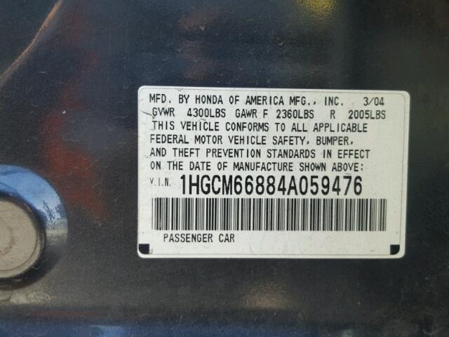 1HGCM66884A059476 - 2004 HONDA ACCORD EX CHARCOAL photo 10