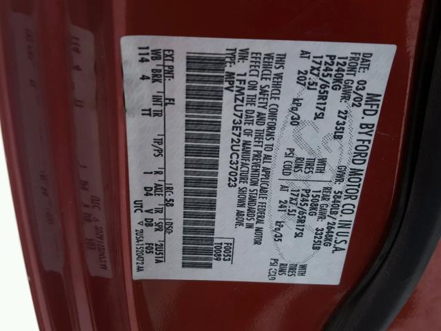 1FMZU73E72UC37023 - 2002 FORD EXPLORER X RED photo 10