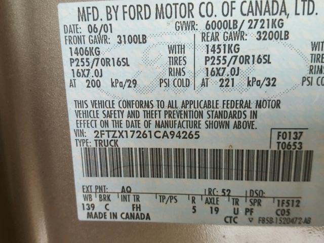 2FTZX17261CA94265 - 2001 FORD F150 GRAY photo 10