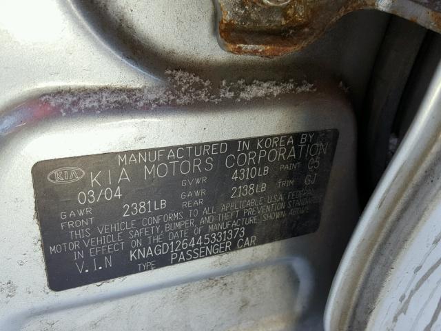 KNAGD126445331373 - 2004 KIA OPTIMA LX GRAY photo 10