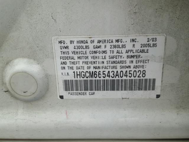 1HGCM66543A045028 - 2003 HONDA ACCORD EX WHITE photo 10