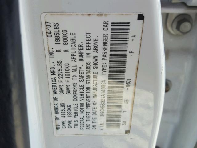 1HGCM56327A148964 - 2007 HONDA ACCORD SE WHITE photo 10