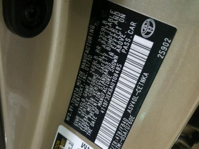 4T1BF3EK6AU108485 - 2010 TOYOTA CAMRY BASE TAN photo 10