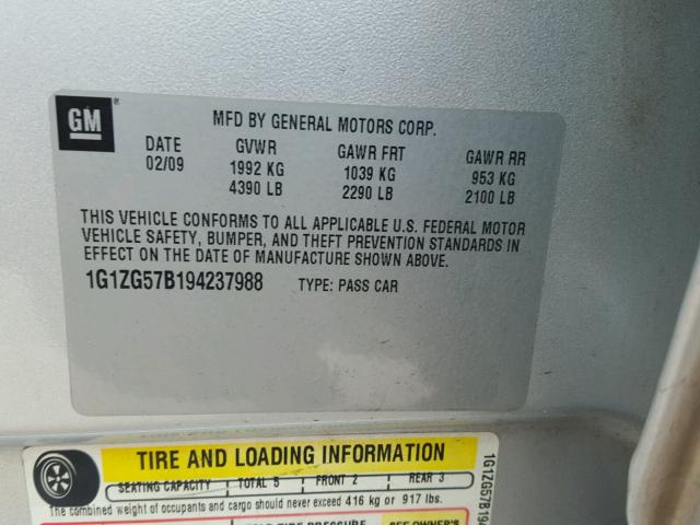 1G1ZG57B194237988 - 2009 CHEVROLET MALIBU LS SILVER photo 10