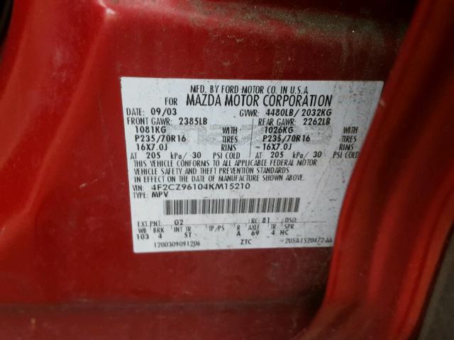 4F2CZ96104KM15210 - 2004 MAZDA TRIBUTE ES RED photo 10