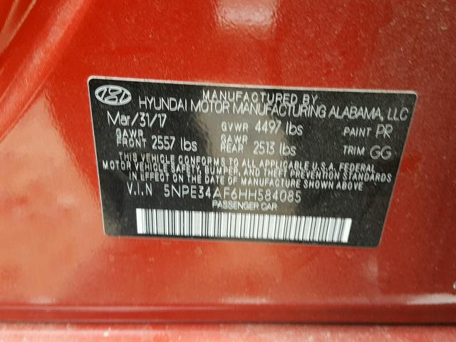 5NPE34AF6HH584085 - 2017 HYUNDAI SONATA SPO RED photo 10