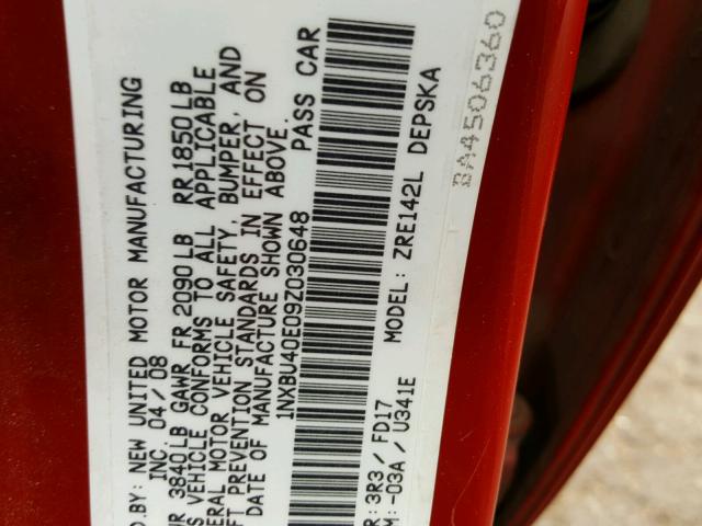 1NXBU40E09Z030648 - 2009 TOYOTA COROLLA BA RED photo 10