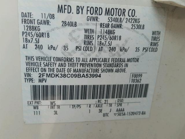 2FMDK38C09BA53994 - 2009 FORD EDGE SEL WHITE photo 10