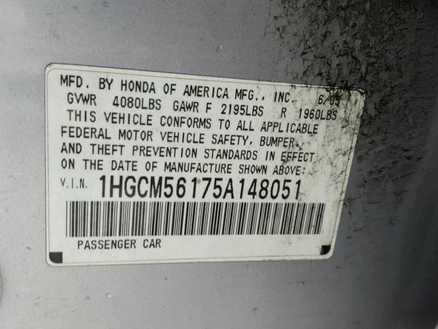 1HGCM56175A148051 - 2005 HONDA ACCORD DX SILVER photo 10