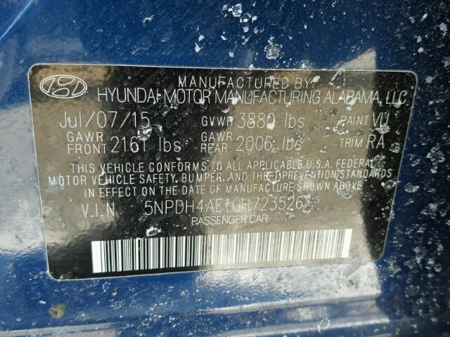 5NPDH4AE1GH723526 - 2016 HYUNDAI ELANTRA SE BLUE photo 10