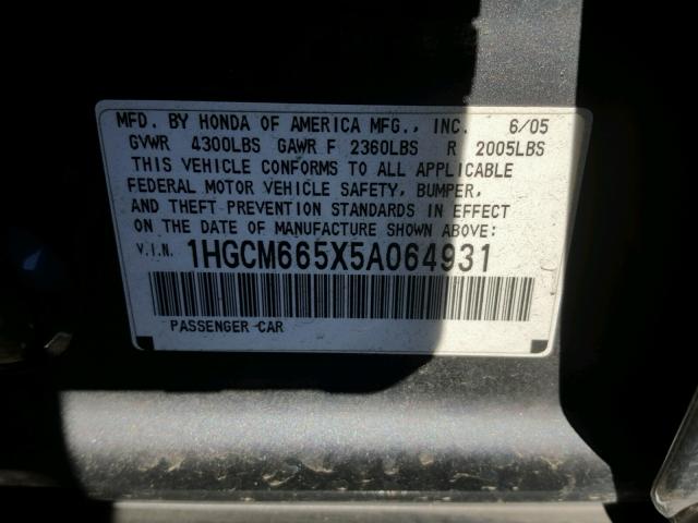 1HGCM665X5A064931 - 2005 HONDA ACCORD EX CHARCOAL photo 10