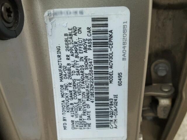 4T1BE32K22U584547 - 2002 TOYOTA CAMRY LE TAN photo 10