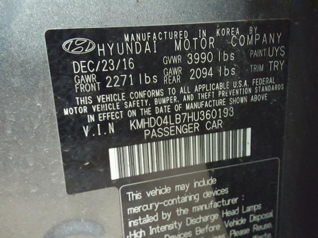 KMHD04LB7HU360193 - 2017 HYUNDAI ELANTRA SP CHARCOAL photo 10