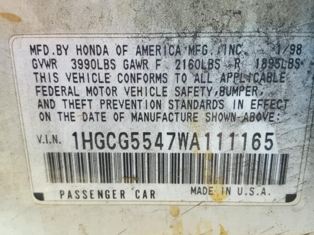 1HGCG5547WA111165 - 1998 HONDA ACCORD LX WHITE photo 10