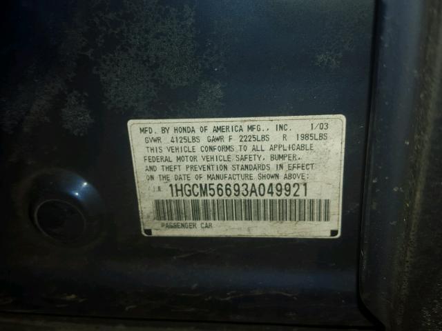 1HGCM56693A049921 - 2003 HONDA ACCORD EX BLUE photo 10