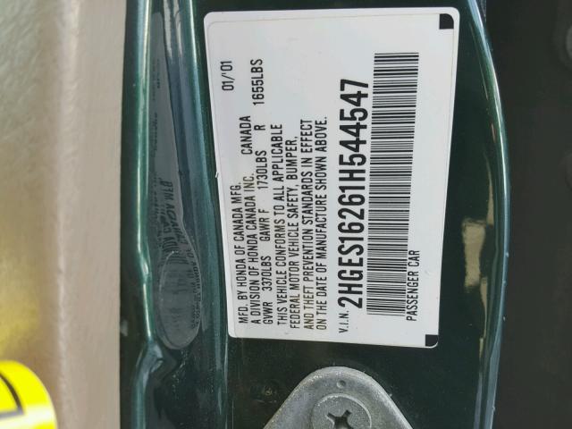 2HGES16261H544547 - 2001 HONDA CIVIC DX GREEN photo 10