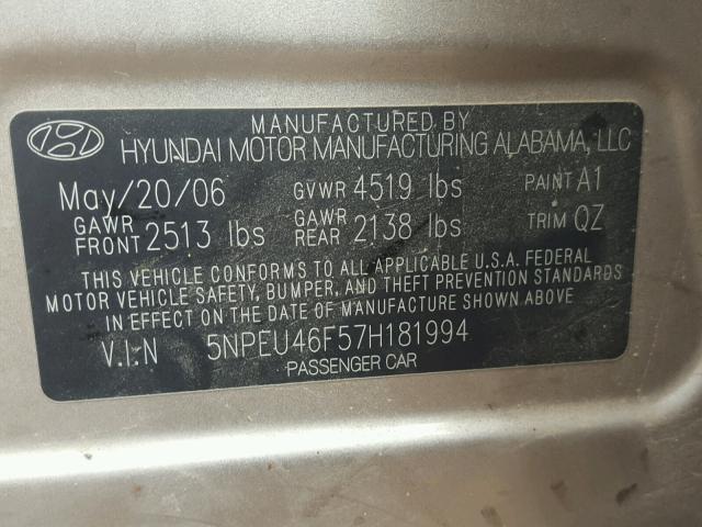 5NPEU46F57H181994 - 2007 HYUNDAI SONATA SE TAN photo 10