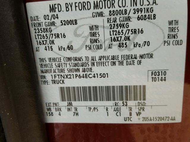 1FTNX21P64EC41501 - 2004 FORD F250 SUPER RED photo 10